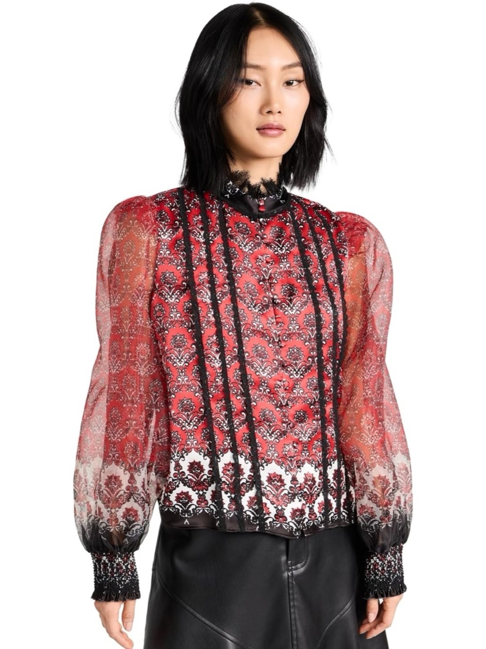 $440 NWT Alice + Olivia Bettina Boho Medallion Print Blouson Sleeve Shirt Top L